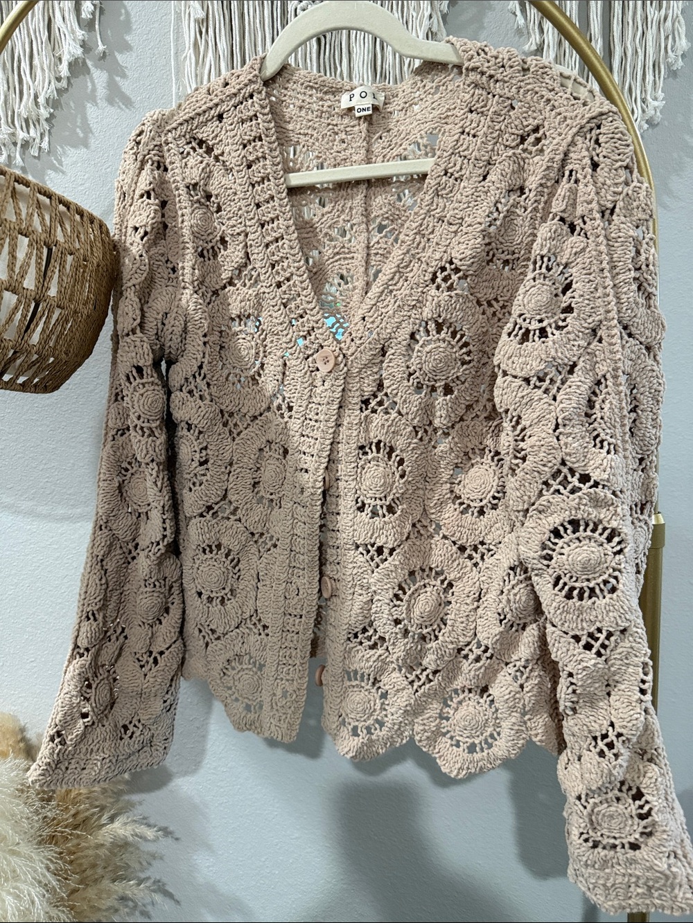 POL Crochet Button-Front Cardigan in Tan
